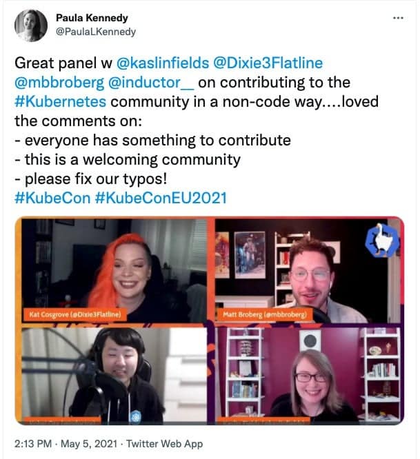 Screenshot showing Paula Kennedy post on twitter for #KubeCon #KubeConEU2021