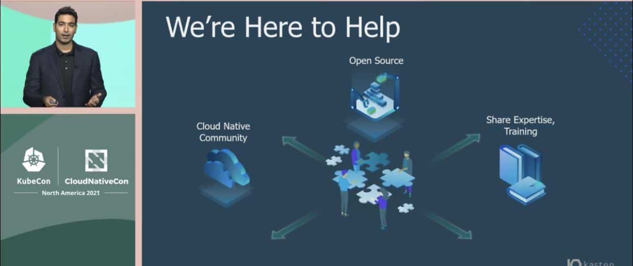 Screenshot showing KubeCon + CloudNativeCon North America 2021 Presentation "We're here to help" presented by a Vaibhav Kamra