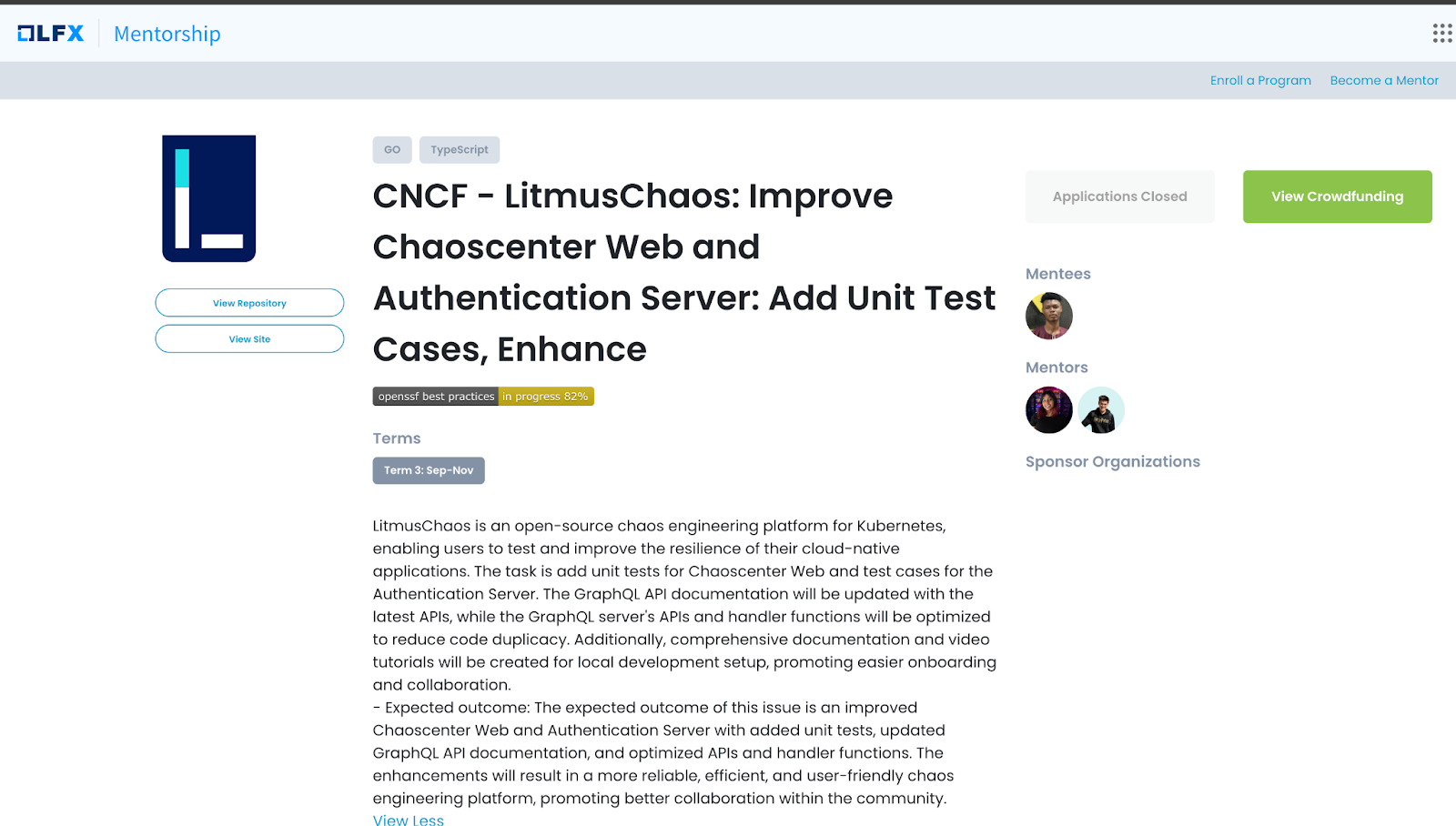 Screenshot showing LFX Mentorship: CNCF-LitmusChaos: Improve Chaoscenter Web and Authentication Server: Add Unit Test Cases, Enhance page