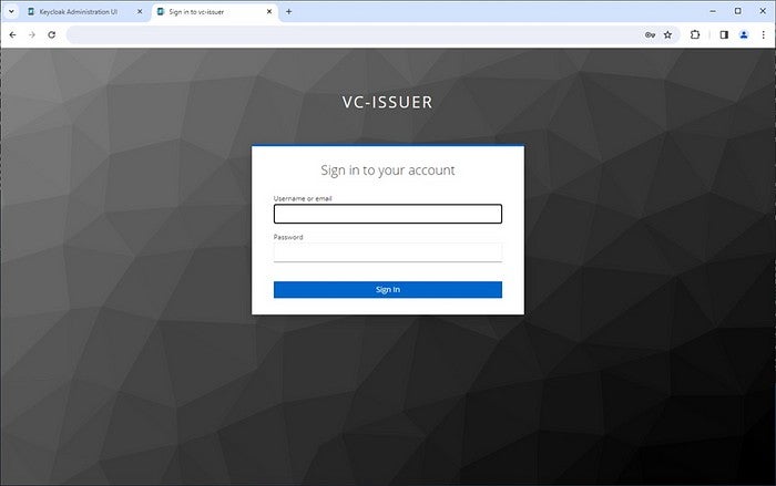 Screenshot showing VC-Issuer log in page