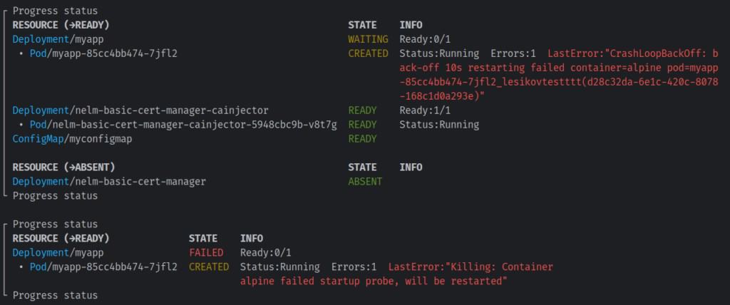 Code example of the progress status displayed during deployment with Nelm