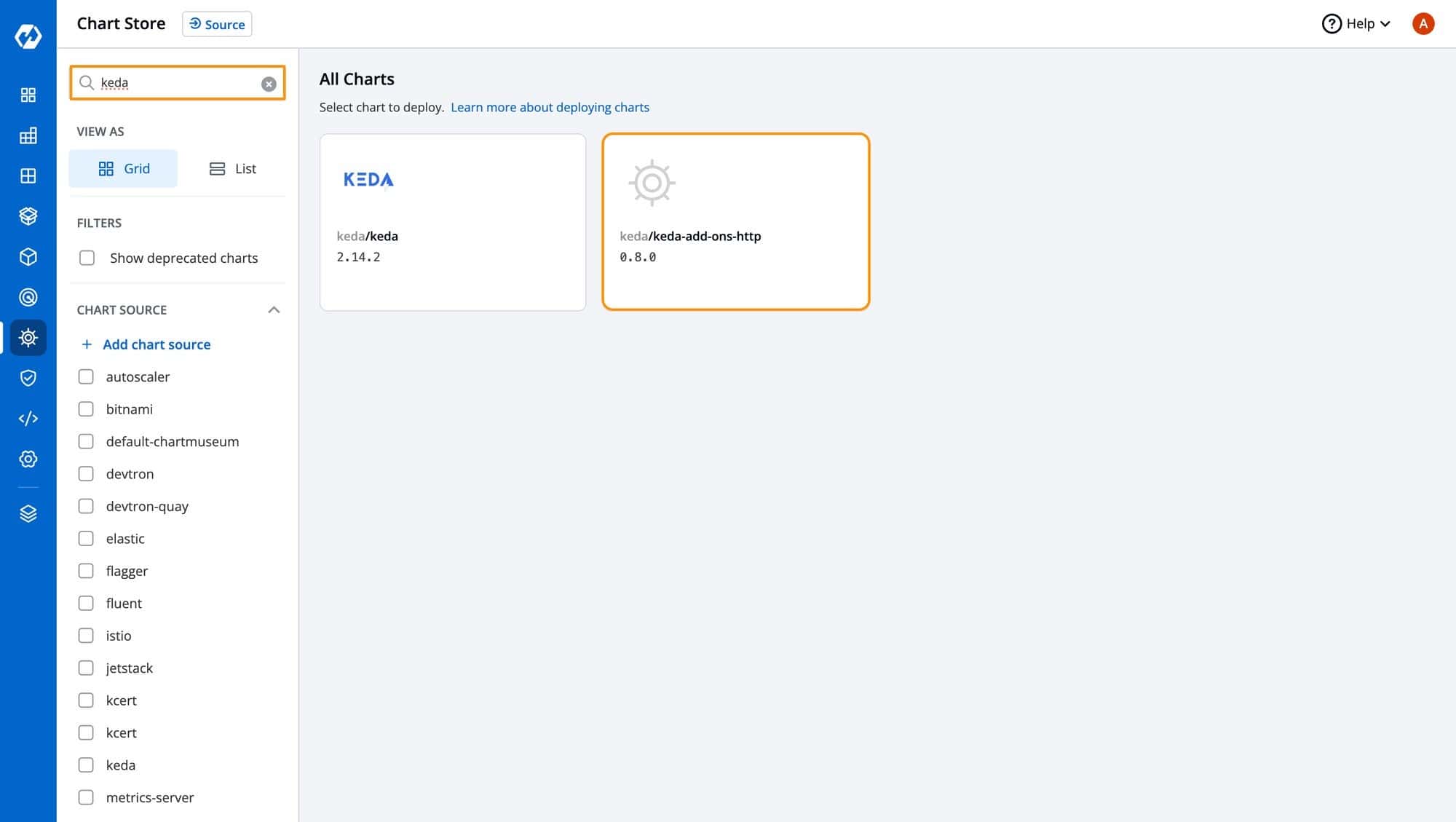 Screenshot of Devtron dashboard on Keda chart