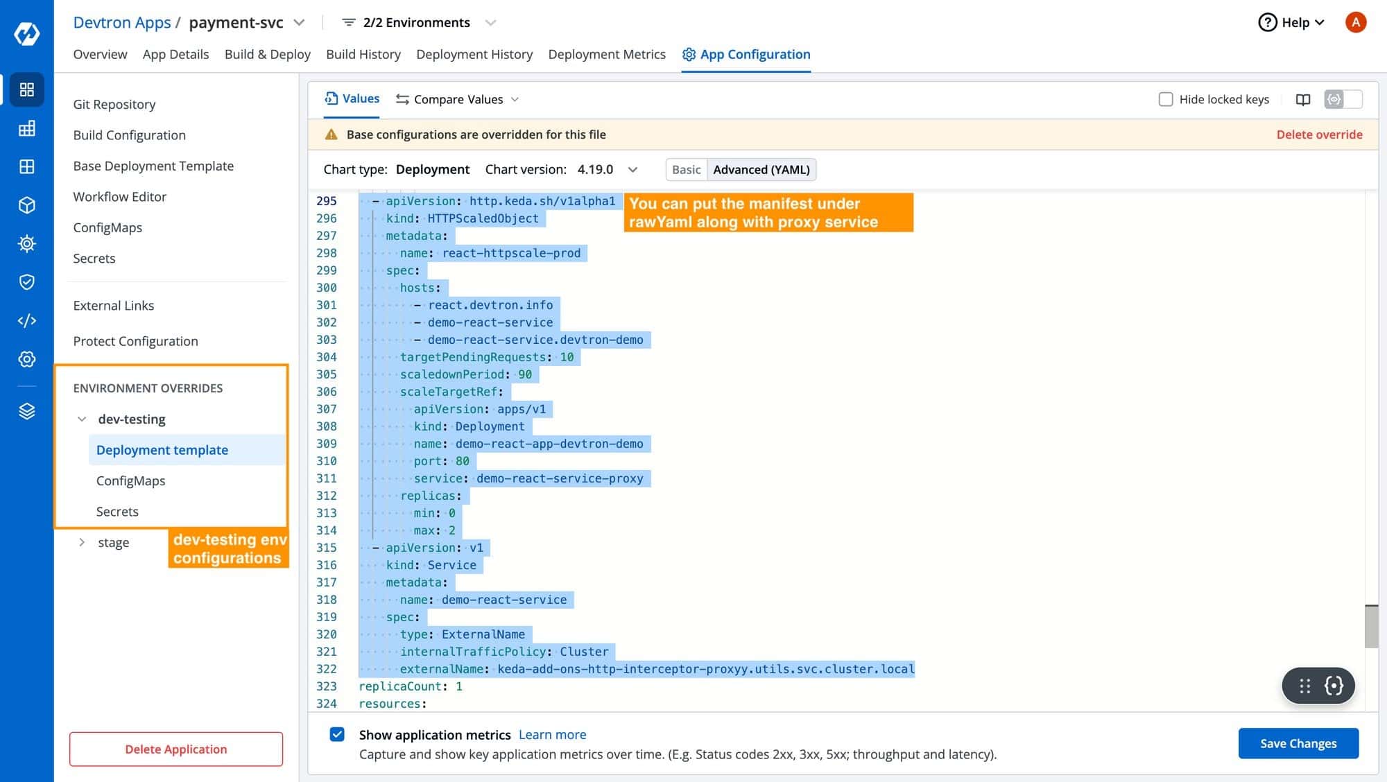 Screenshot showing Devtron Apps highlighted on deployment template