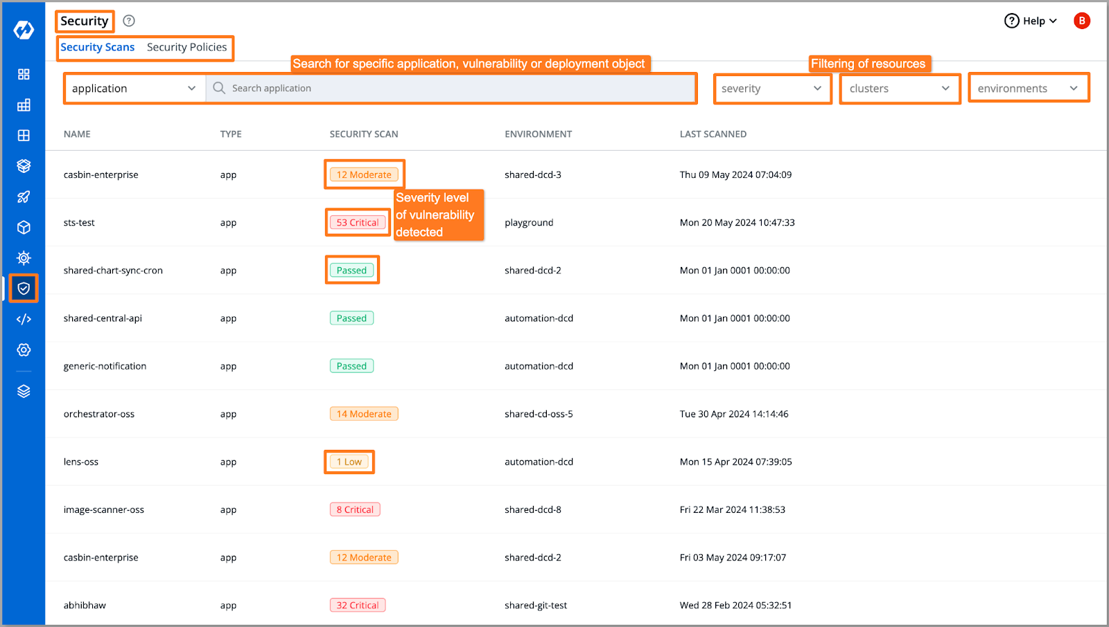 Screenshot showing Devtron security dashboard page