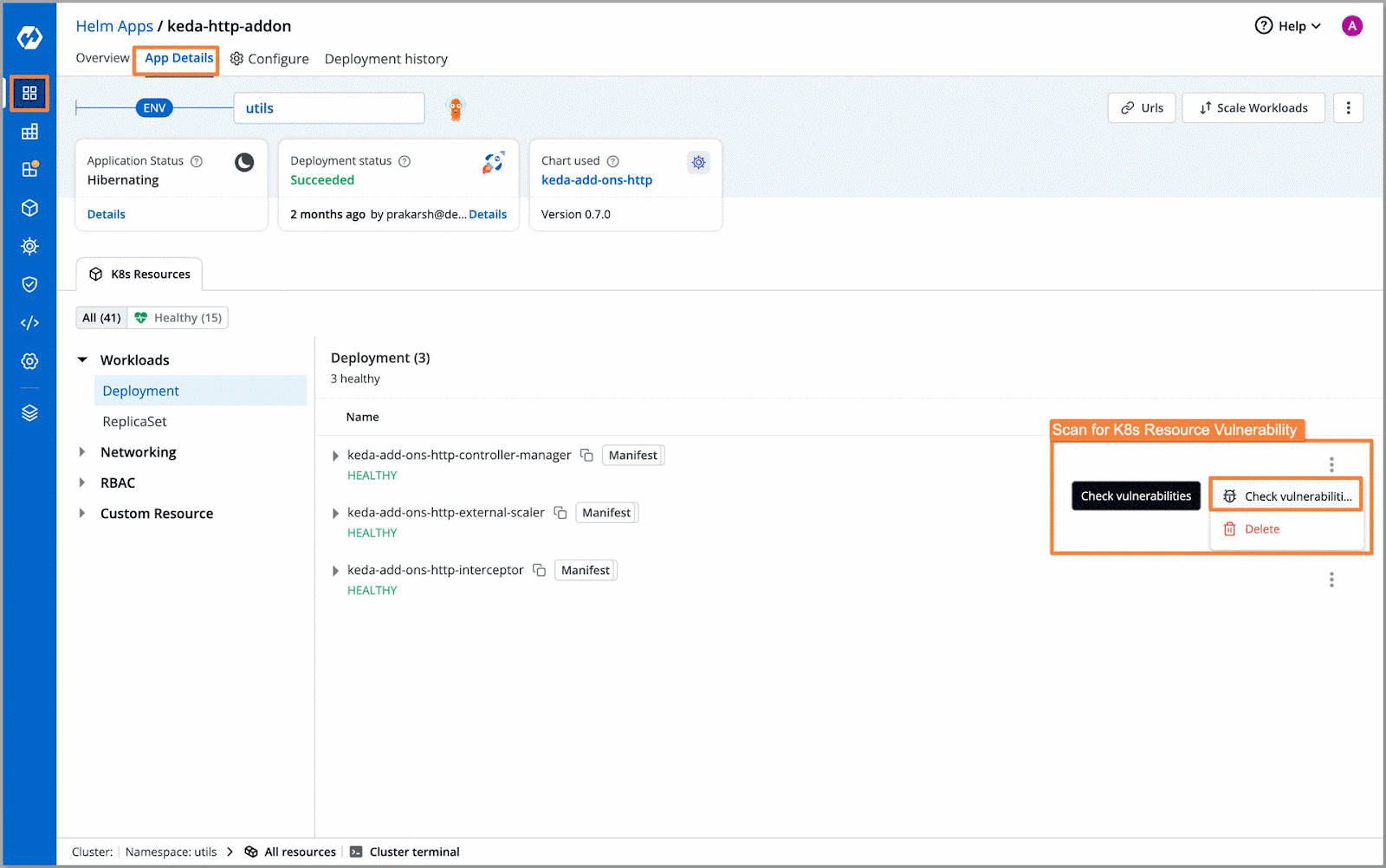 GIF showing screenshot on clicking "App details" and check vulnerabilities for scanning kubernetes resource vulnerabilities