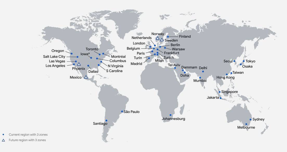 World map showing different regions available on Google Cloud where most of the regions have 3 availability zones available to customers