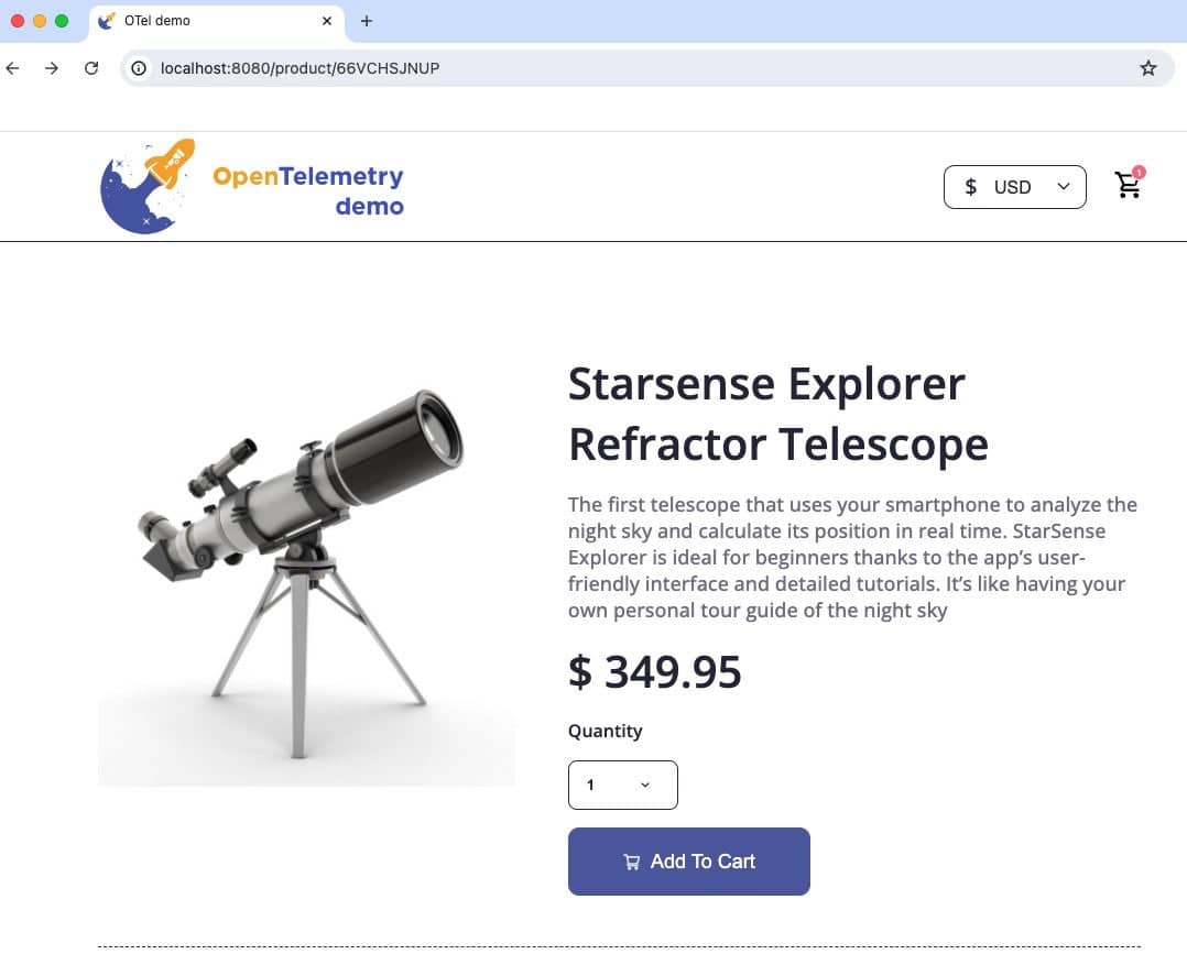 Screenshot showing product detail page of Starsense Explorer Refractor Telescope $349.95 on OpenTelemetry demo