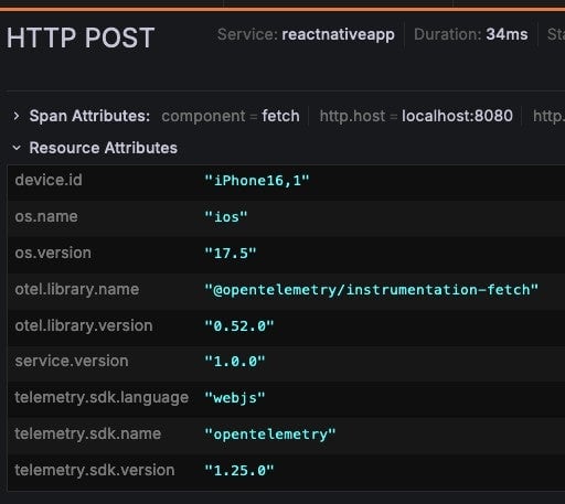 Screenshot showing HTTP POST on reactivenativeapp within 34ms duration