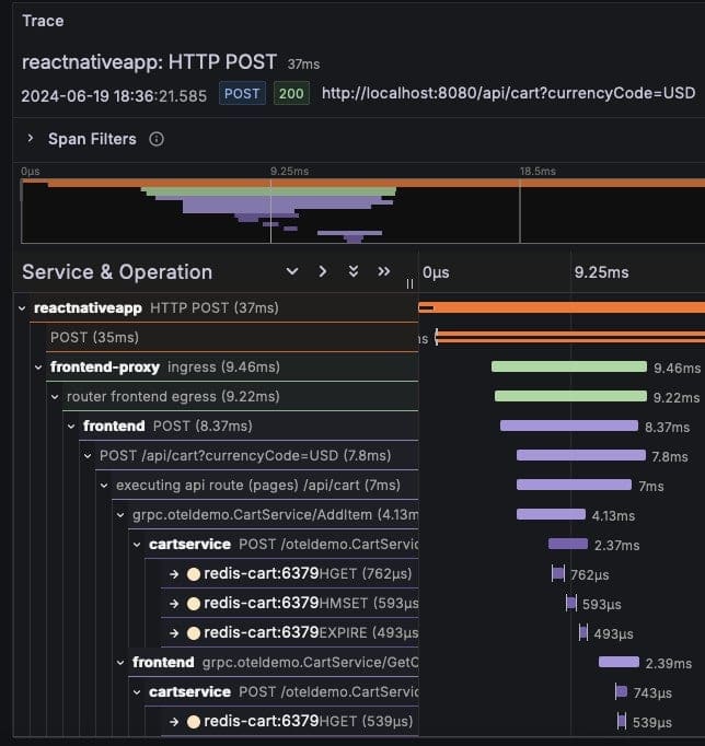 Screenshot showing reactnativeapp: HTTP POST dashboard