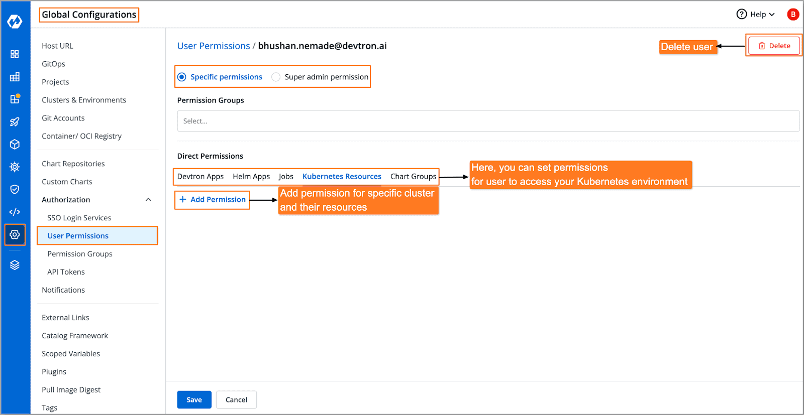 Screenshot showing Global Configurations on Devtron, highlight on User Permissions