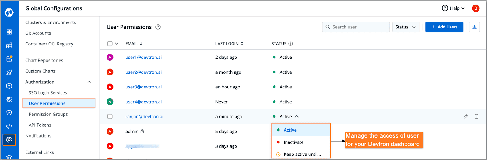 Screenshot showing Global Configurations on Devtron, where you can manage the access of user for your Devtron dashboard whether it is active, inactive or keep active until...