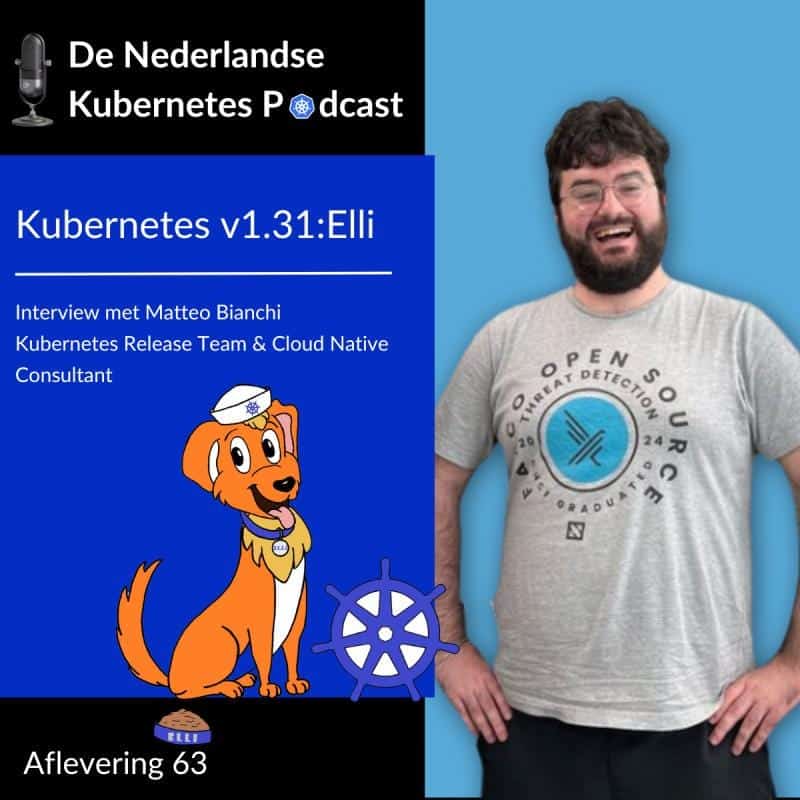 De Nederlandse Kubernetes Podcast featuring Matteo Bianchi flexing the Falco Graduation shirt, speaking about Kubernetes v1.31: Elli