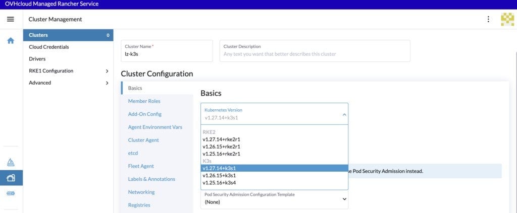 Screenshot showing Cluster Management page on OVHcloud Managed Rancher Service, highlighted on Cluster Configuration > Basics > v1.27.14+k3s1