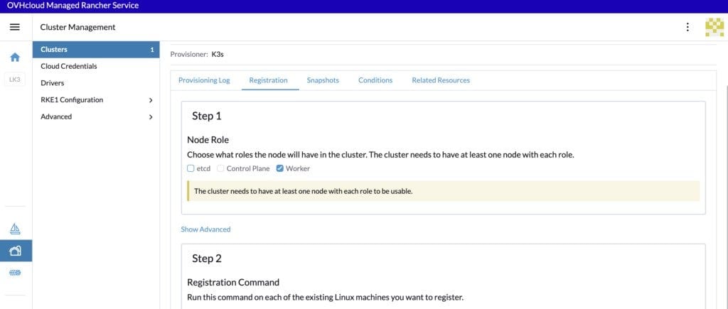 Screenshot showing Cluster Management page highlighted on Cluster:lz-k3s > Step 1 > Check on etcd, and Control Plane