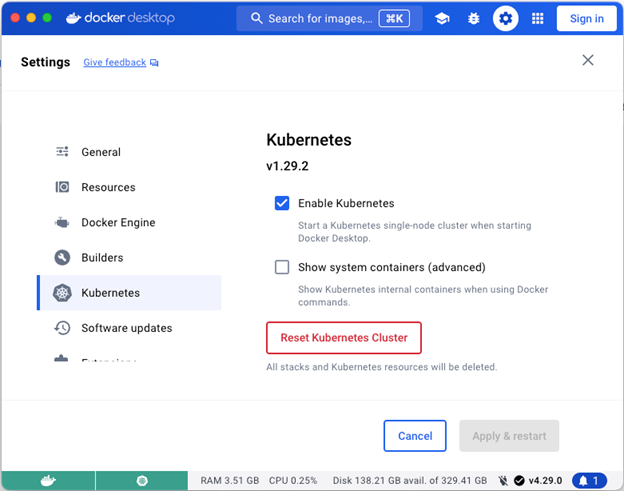 Screenshot showing Kubernetes page on docker desktop, check on "Enable Kubernetes"