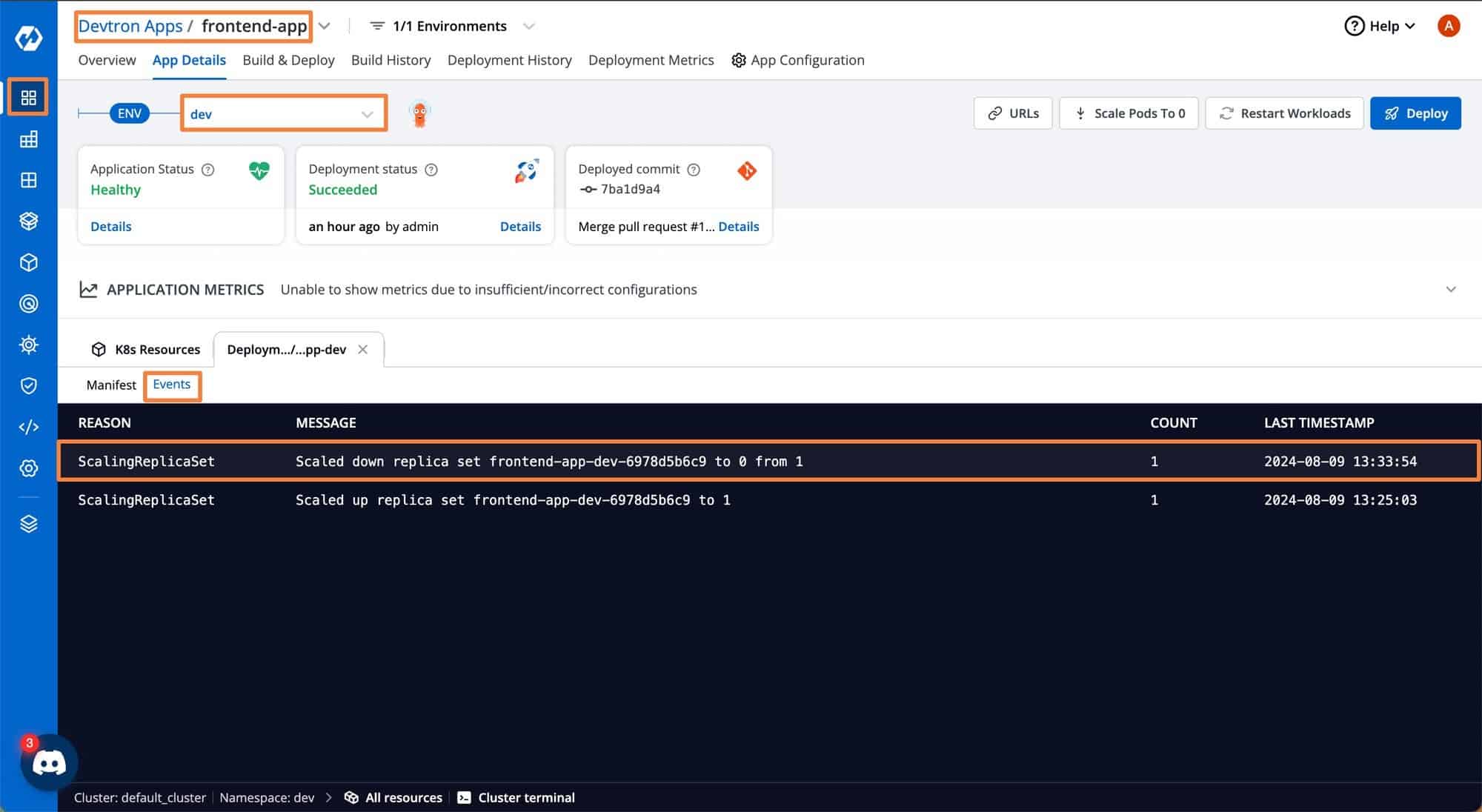 Screenshot showing frontend app scale down on Devtron