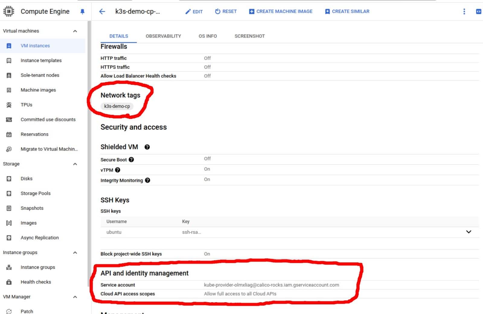 Screenshot showing Compute Engine page highlight on Network tags and API and Identity management