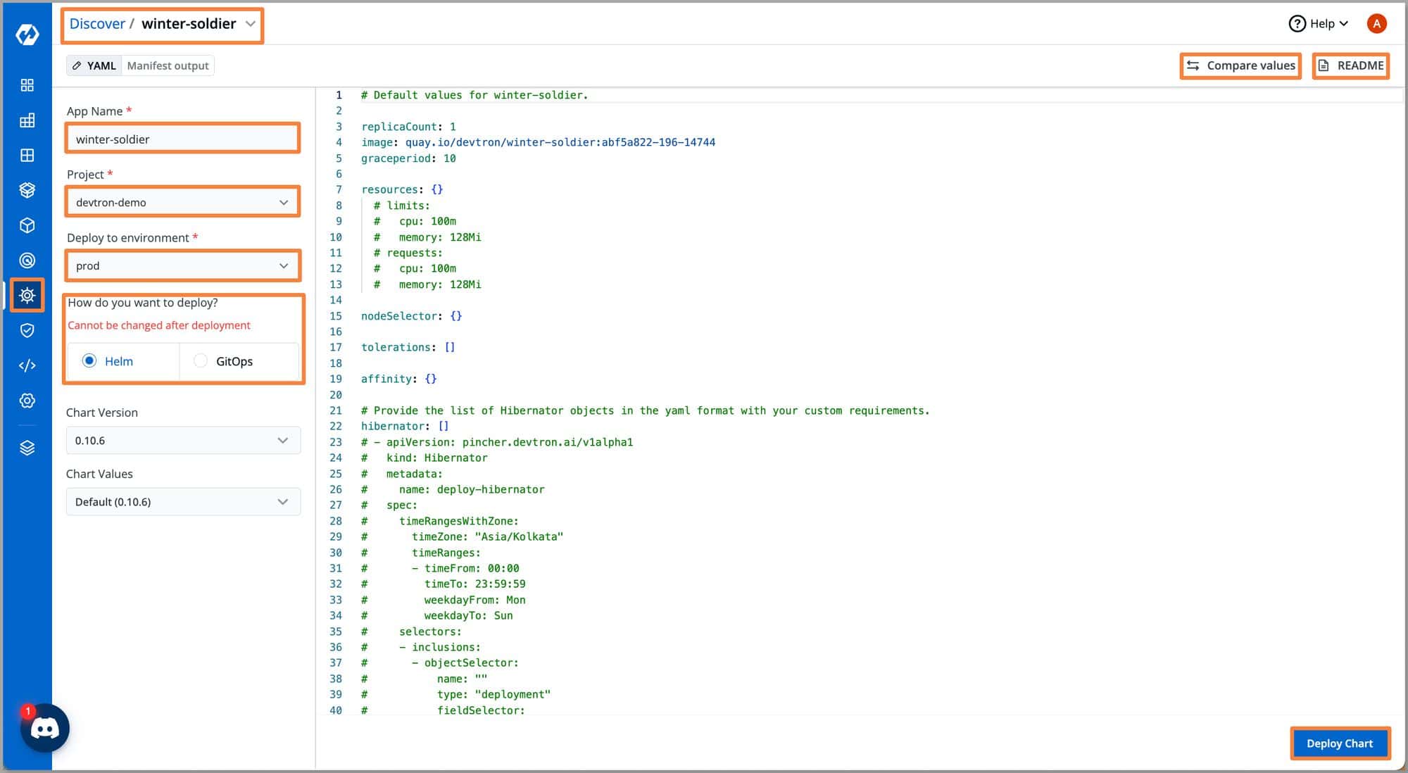 Screenshot showing configuring Winter Soldier page on Devtron