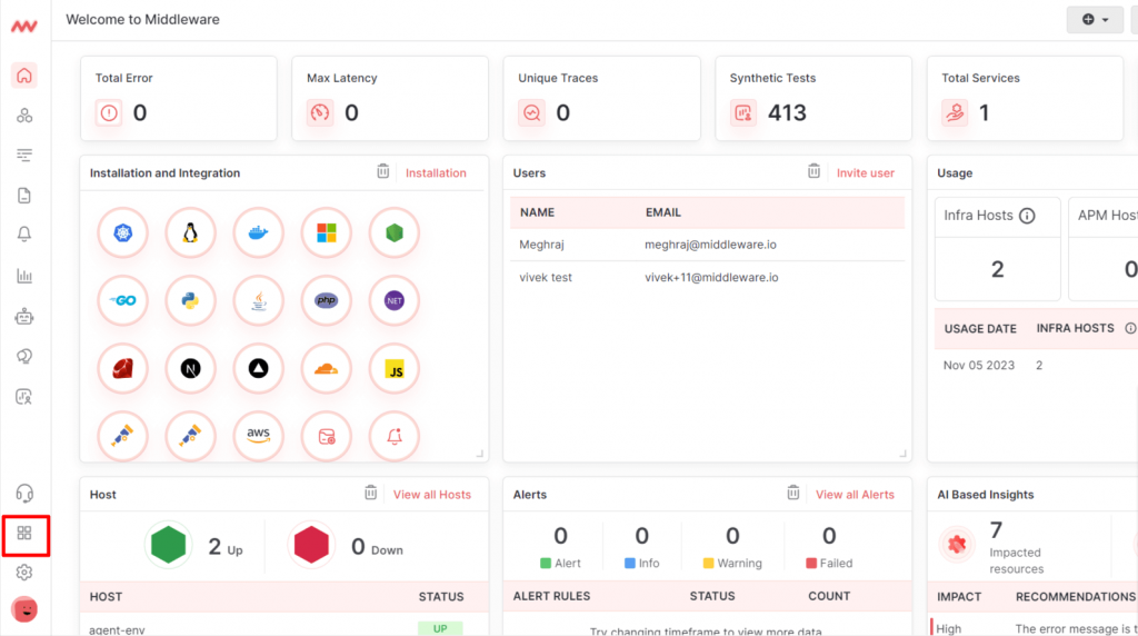 Screenshot showing Middleware dashboard highlighted on four square symbol on the left bottom to install