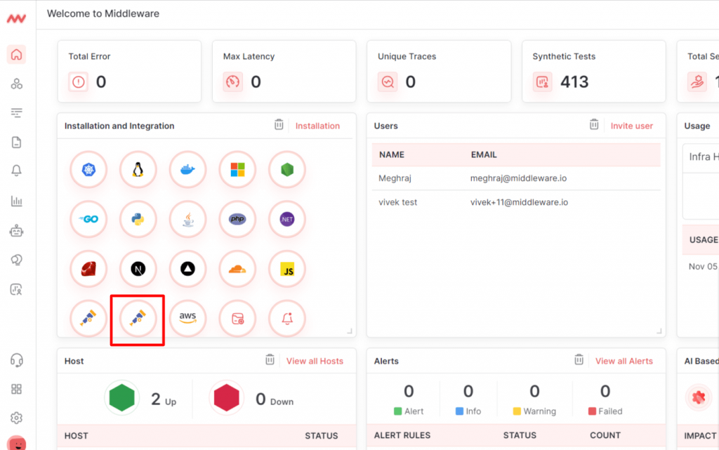 Screenshot showing Middleware dashboard highlighted on OpenTelemetry Metrics logo on Installation and Integration section