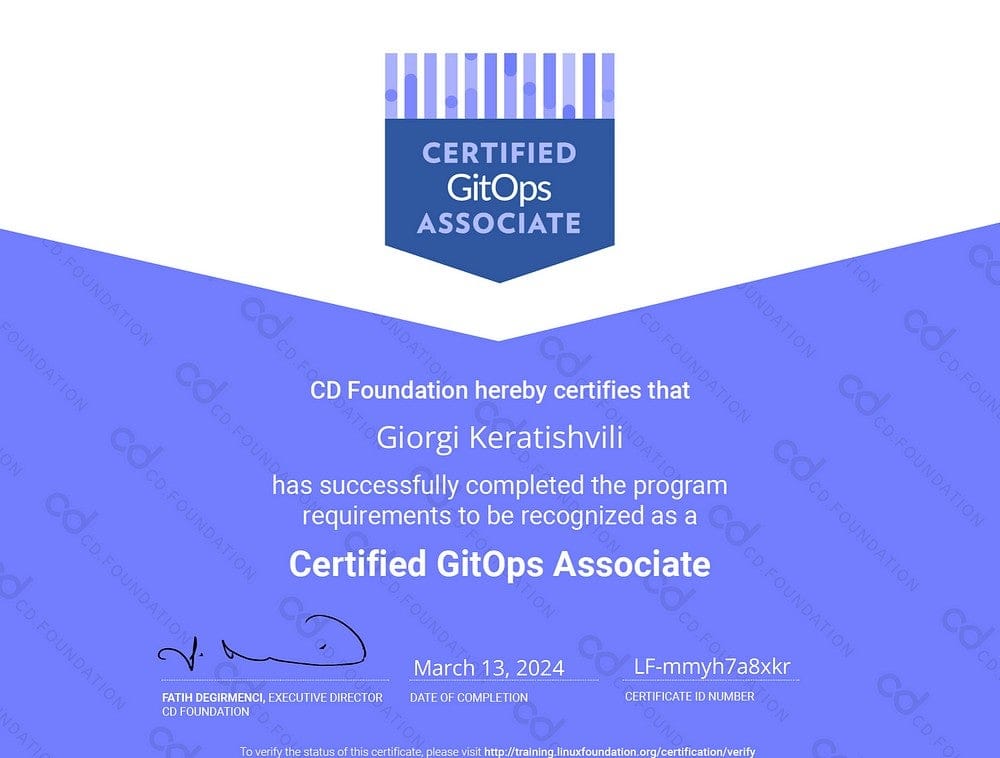 Certificate of Giorgi Keratishvili as Certified GitOps Associate