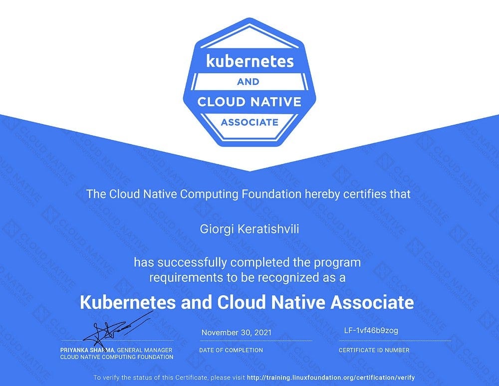 Certificate of Giorgi Keratishvili as Kubernetes and Cloud Native Associate