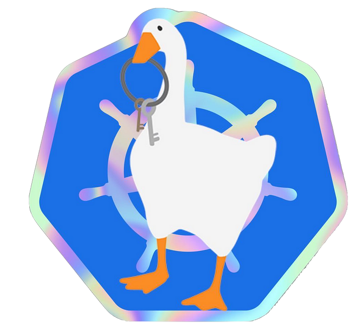 Duck holding key and Kubernetes logo as background