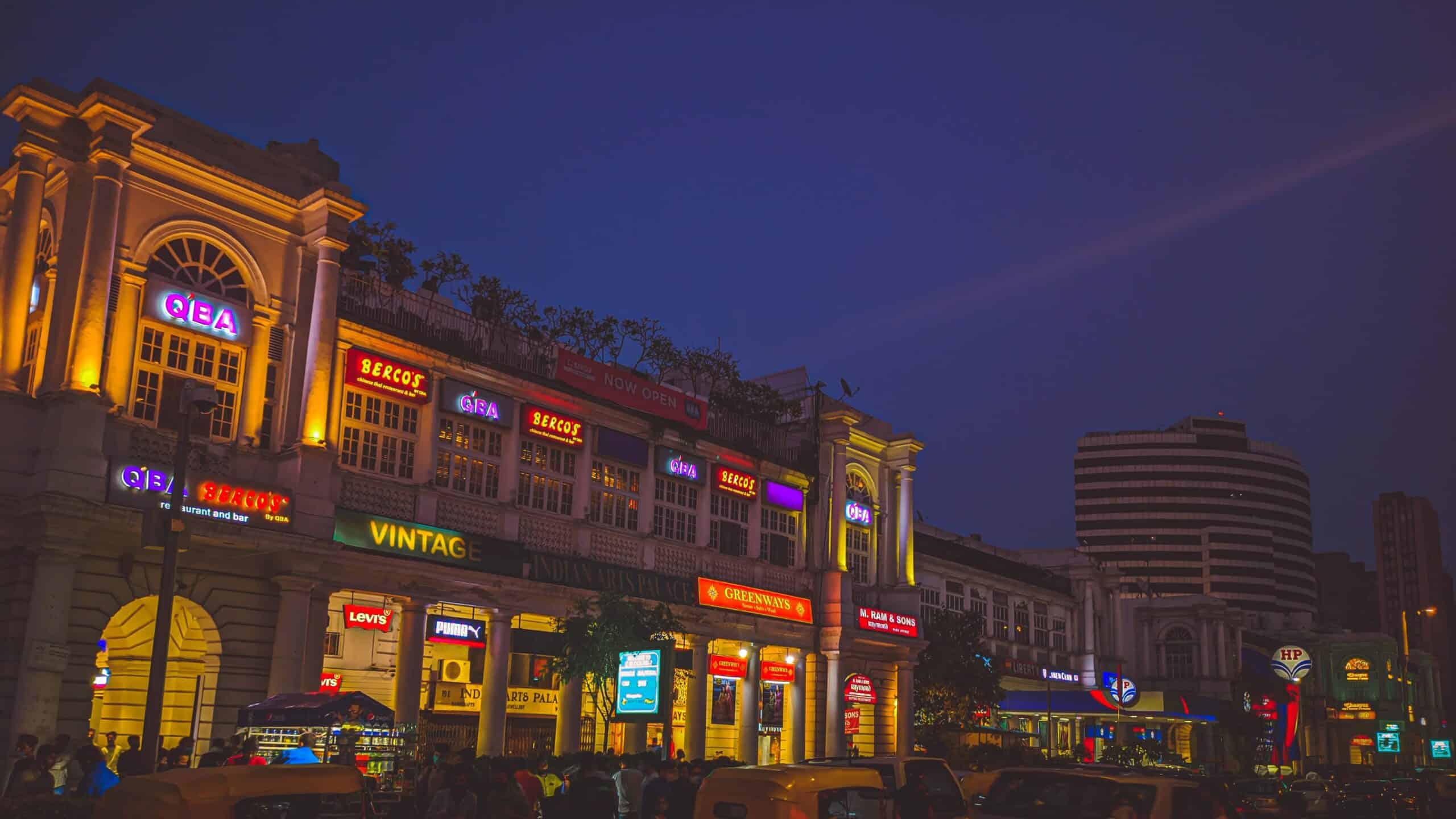 Buildings at night in Delhi