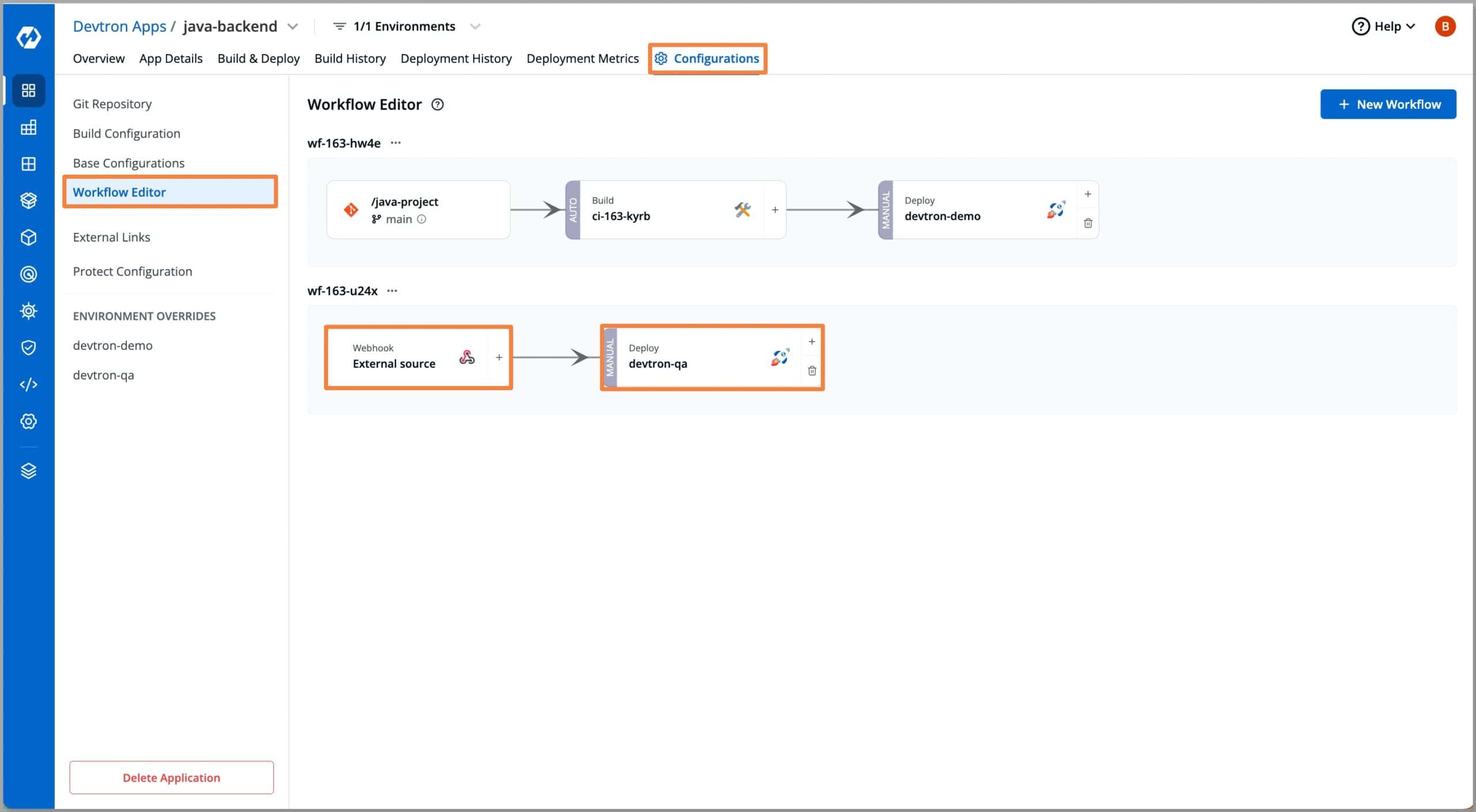 Screenshot showing Devtron's webhook pipeline