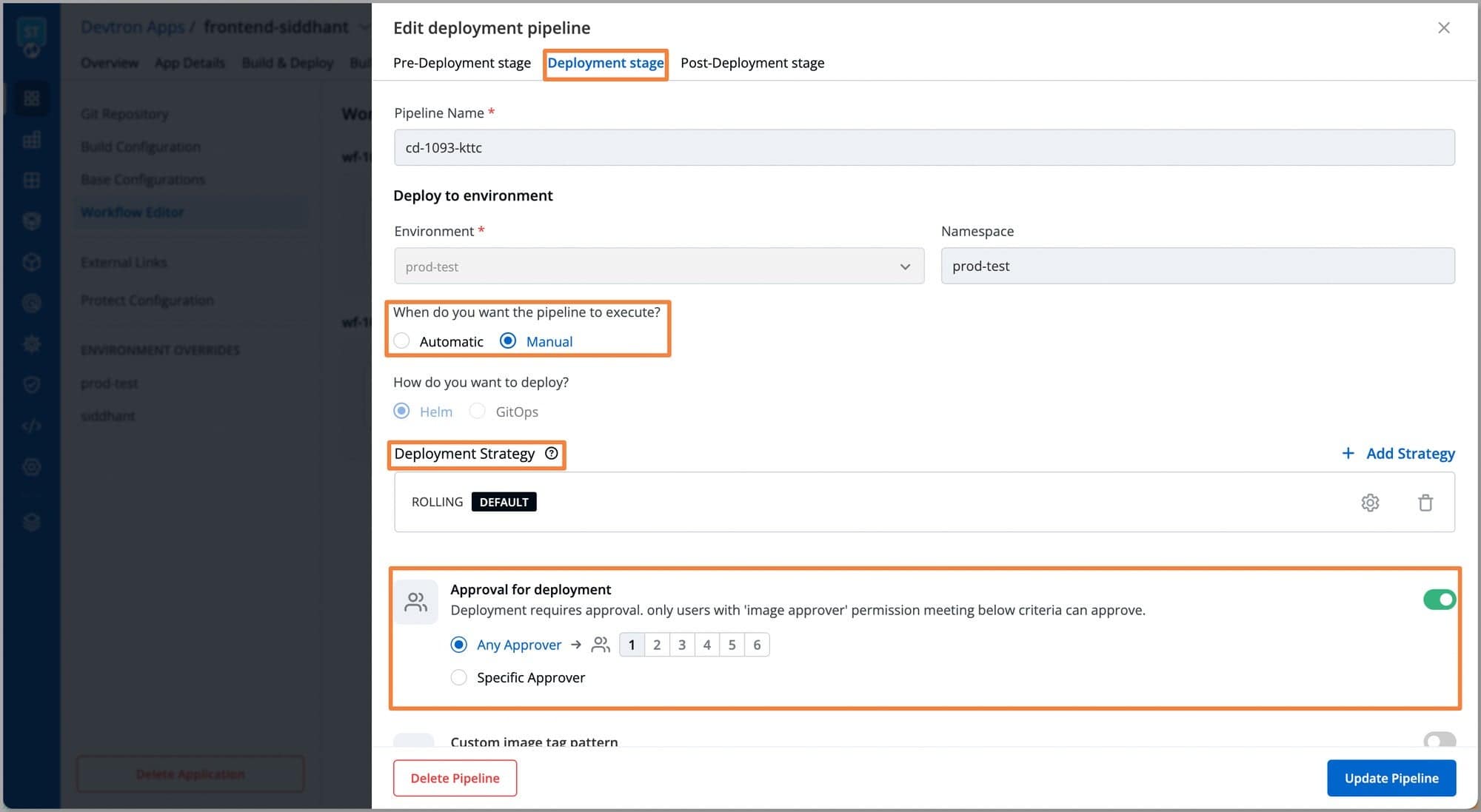 Screenshot showing Devtron's approval for deployments