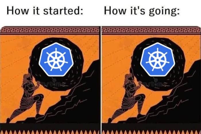 Meme showing 2 same images of a person pushing Kubernetes up the hill with tag "How it started and How it's going"