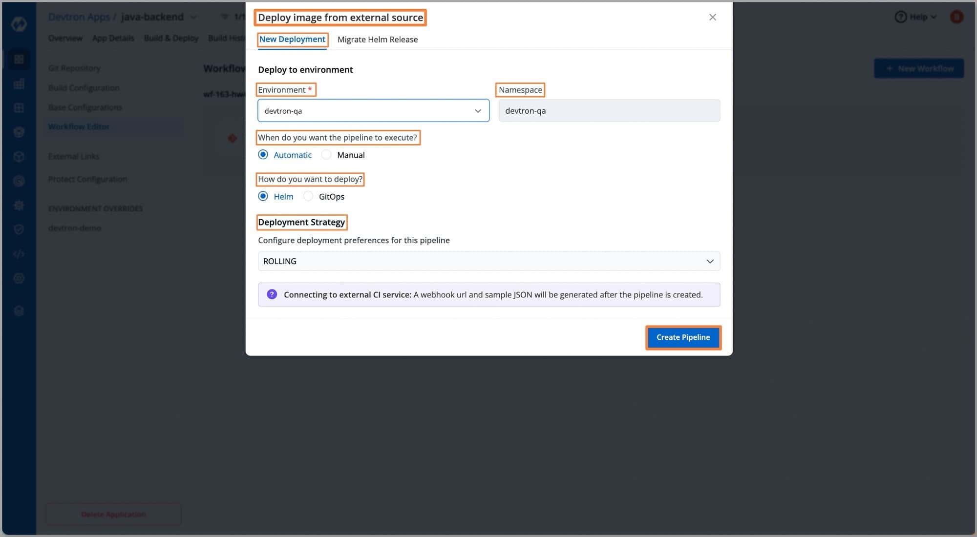 Screenshot showing Devtron's external webhook deployment config