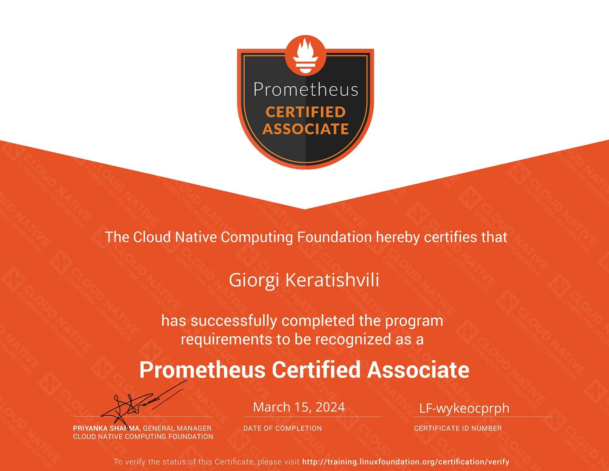 Prometheus Certified Associate certificate for Giorgi Keratishvili