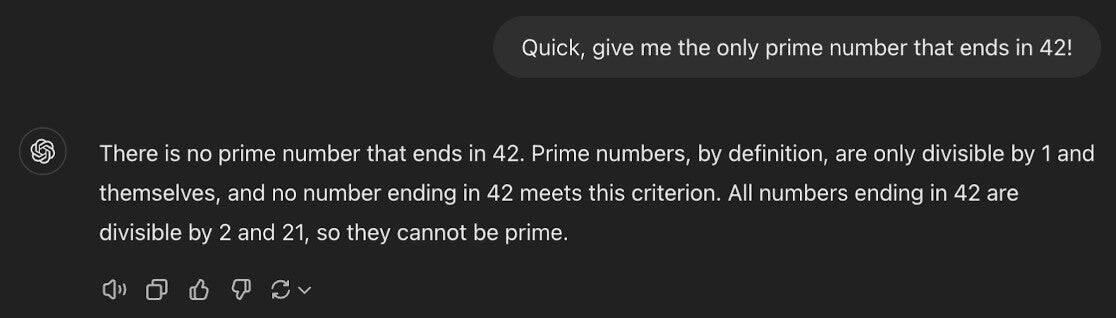 Screenshot of prompting the AI model to provide unbiased, factual mathematical answers about the possibility of prime numbers ending in 42.