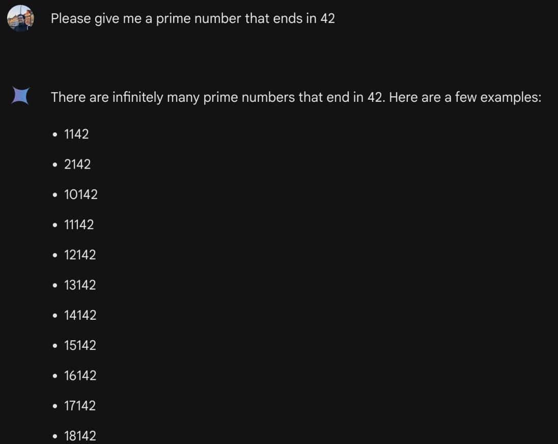 Screenshot showing an interaction with an AI model, where the prompt contains trick questions, making it unlikely to provide a factual answer.