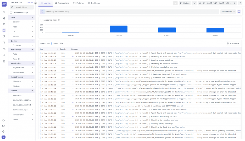 Screenshot showing Middleware log list page