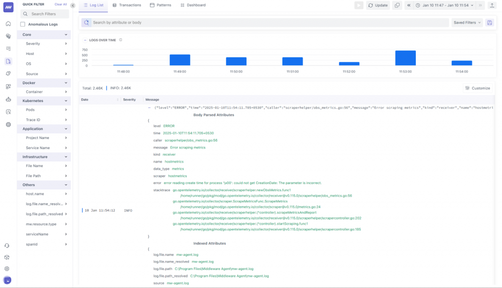 Screenshot showing Middleware log list