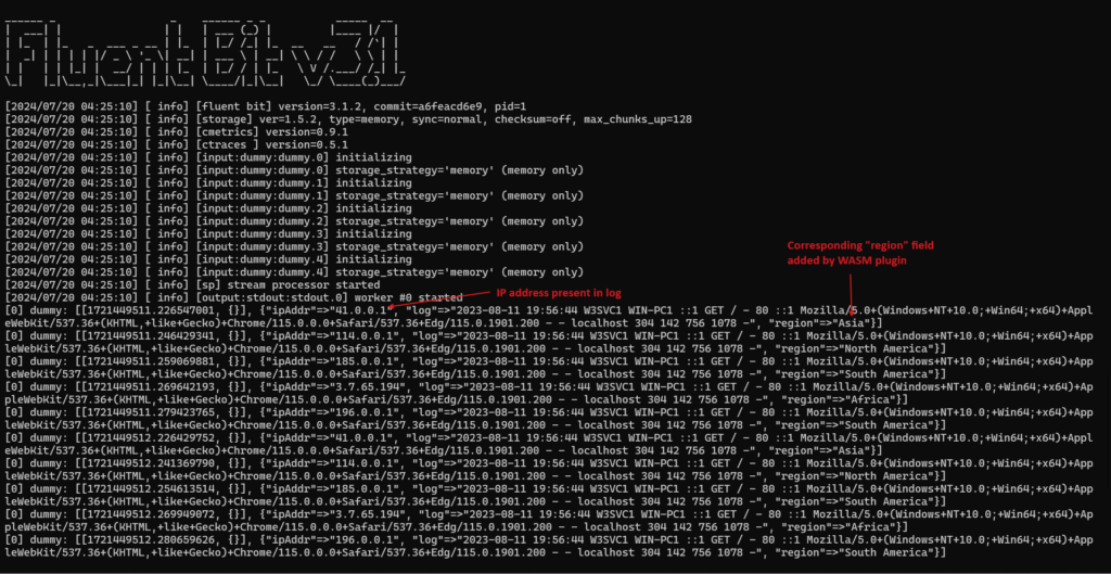 Screen displaying Fluent Bit log data with timestamps, log levels, process details, and added "region" fields via WebAssembly plugin.