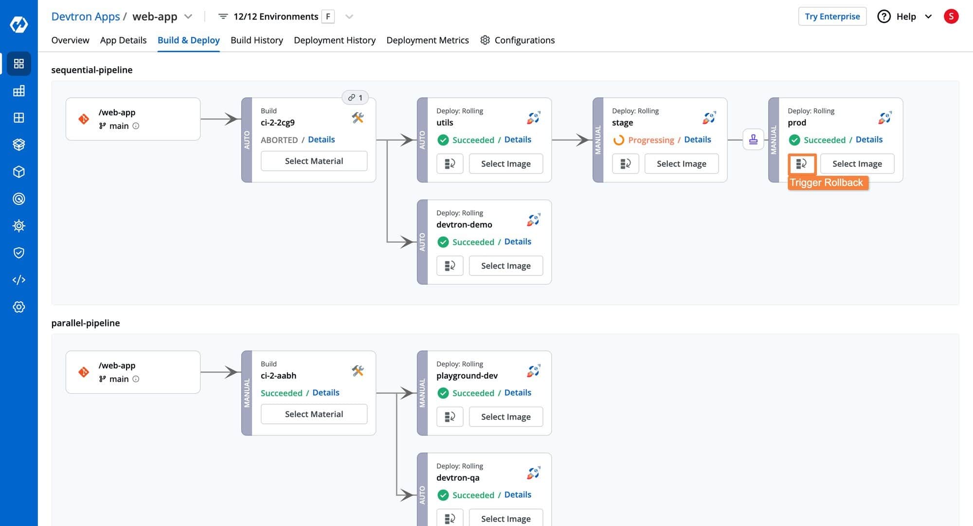 Screenshot showing Devtron Deployment Pipelines