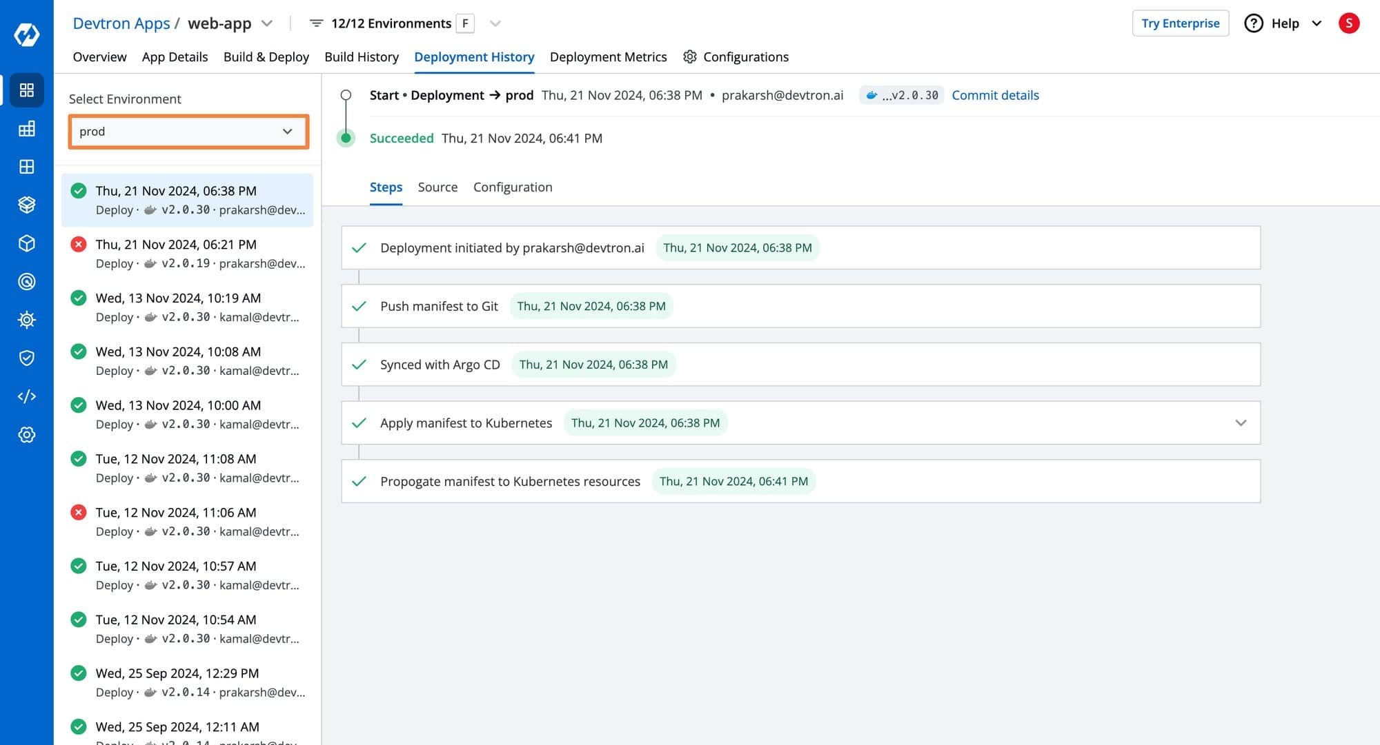 Screenshot showing Devtron Deployment History