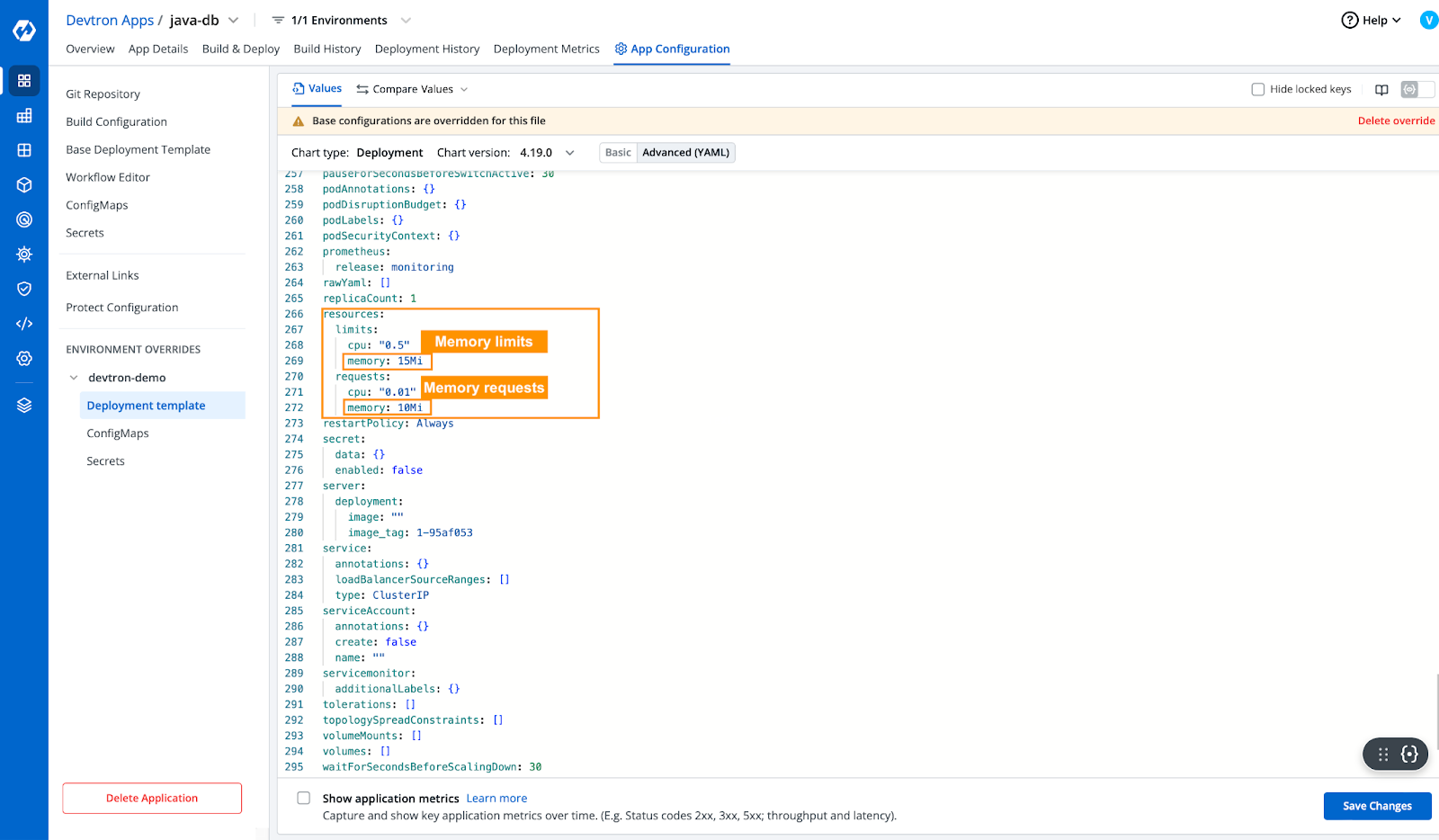 update memory request in YAML